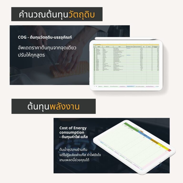 หน้าคำนวณต้นทุนวัตถุดิบและพลังงานในเทมเพลต PRO